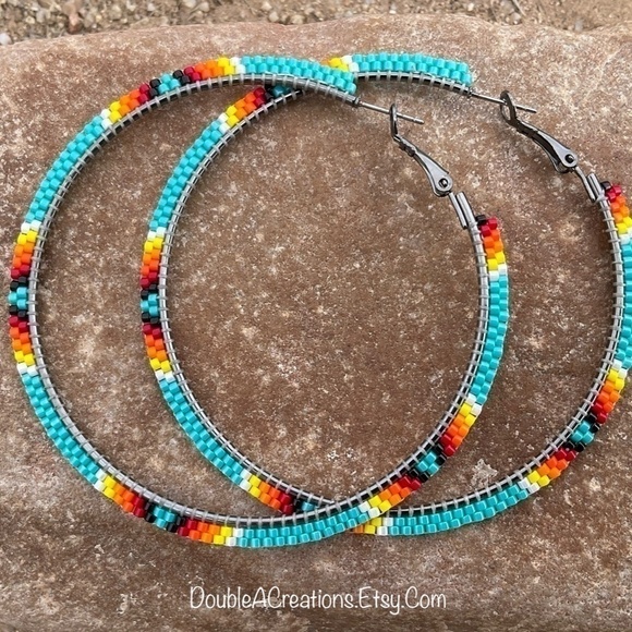 Turquoise with Native Colors Beaded 3” Hoops, New, Handmade by Me - Picture 4 of 9